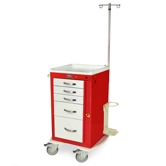 A red and white medical cart with five drawers stands on wheels, featuring an IV pole. It is in a plain background.
