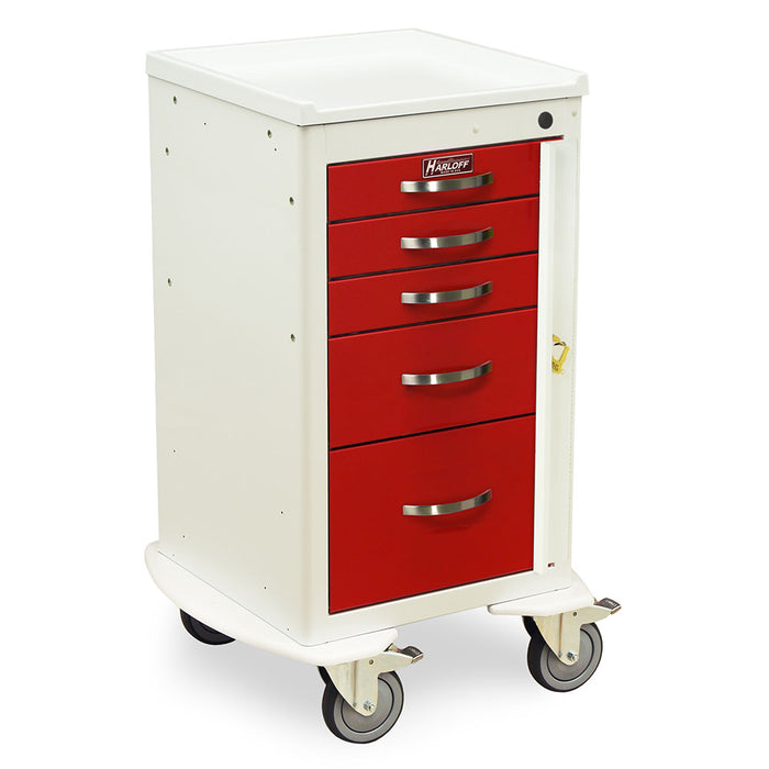 A white medical cart with red drawers sits on wheels. The cart is closed and has a small label reading "HARLOFF".