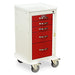 A white medical cart with red drawers sits on wheels. The cart is closed and has a small label reading "HARLOFF".
