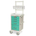 A teal medical cart with multiple drawers and a top shelf sits on four wheels. The cart is designed for storage and mobility in a medical setting.