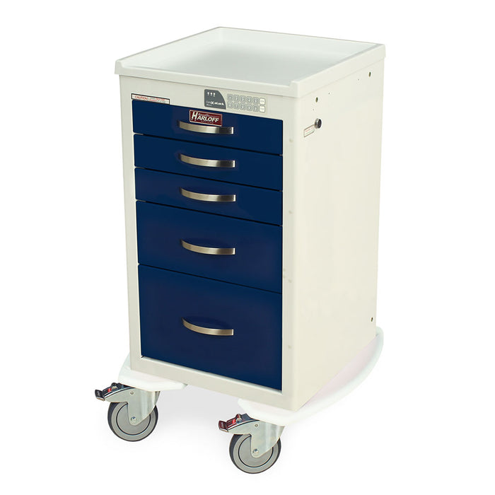 A white medical cart with five dark blue drawers sits on four wheels. It is likely used for storage and transport within a medical facility.