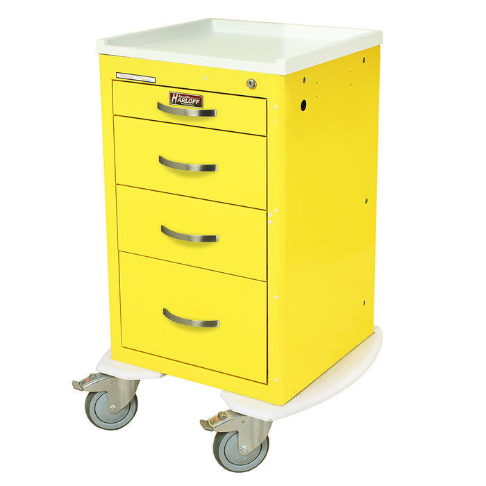 A yellow medical cabinet with four drawers sits on four small wheels.