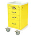 A yellow medical cabinet with four drawers sits on four small wheels.