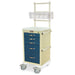 A beige medical cart with five blue drawers and a top shelf holding clear containers sits on wheels against a white background. The cart is labeled "Harloff".