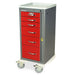 A red, multi-drawer medical cabinet sits on wheels, providing mobile storage in a clinical setting.