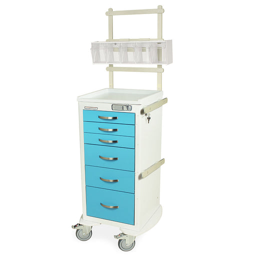 A white medical cart with light blue drawers and a top shelf sits on wheels. It is likely used for storing and transporting medical supplies.