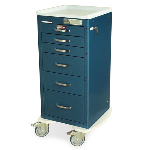 A dark-blue medical cart with six drawers sits on four wheels, likely for storage and transport within a medical facility.