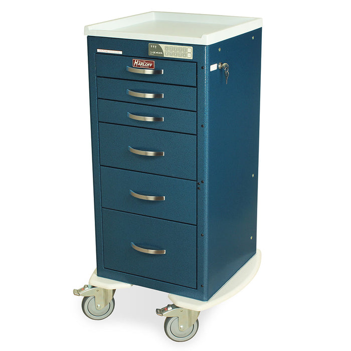 A dark-blue medical cart with six drawers sits on four wheels, likely for storage and transport within a medical facility.