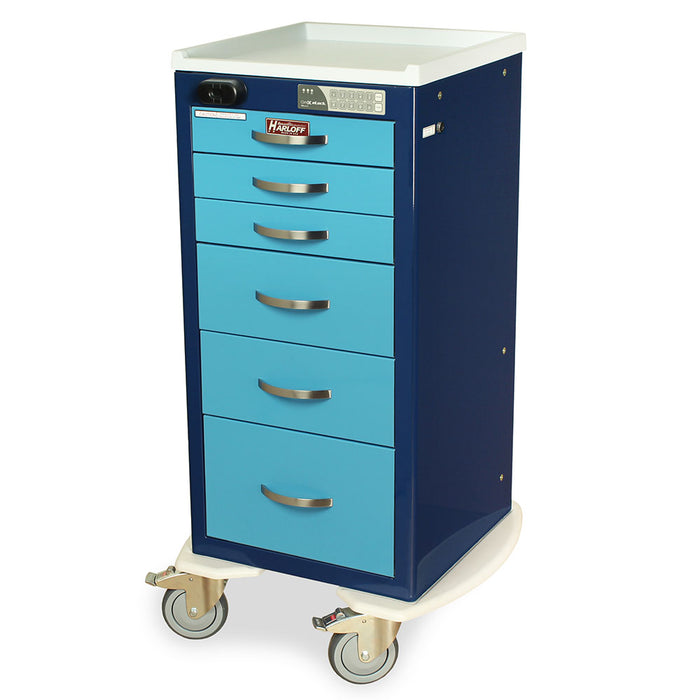 A tall, narrow medical cart with five light blue drawers sits on four wheels. The cart is dark blue on the sides and has a white top.