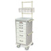 A five-drawer medical cart with a mounted shelf sits on wheels in a sterile environment. 