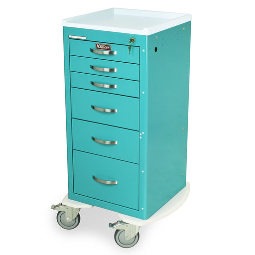 A teal medical cart with six drawers sits on four small wheels. It is likely used for storing and transporting medical supplies.