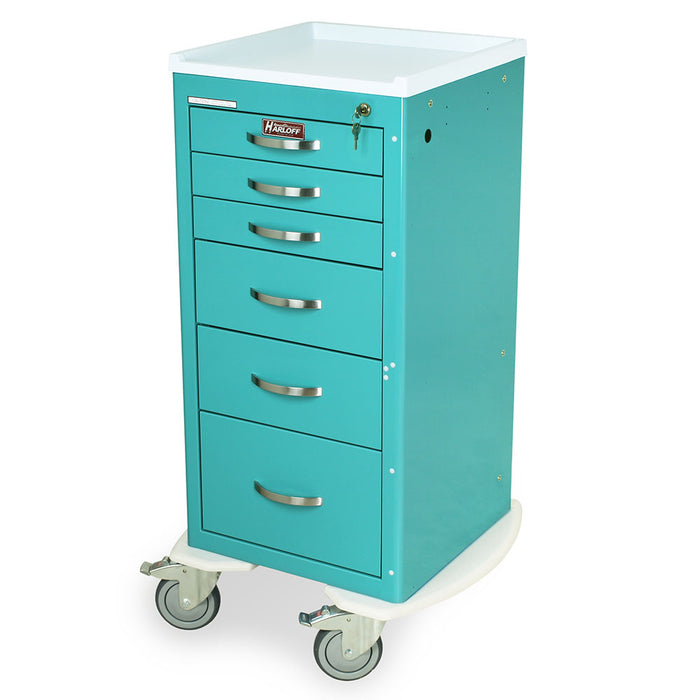 A teal medical cart with six drawers sits on four small wheels. It is likely used for storing and transporting medical supplies.