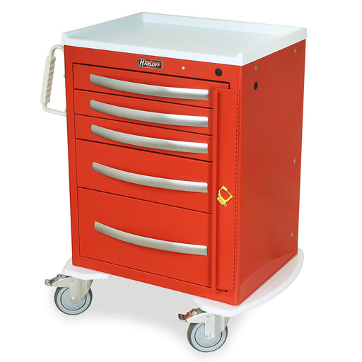 A red, wheeled medical cart with six drawers and a handle sits on a white surface. The brand name "HARLOFF" is visible.