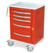 A red, wheeled medical cart with six drawers and a handle sits on a white surface. The brand name "HARLOFF" is visible.