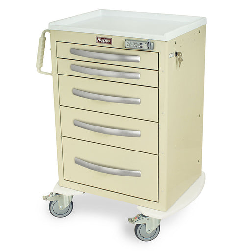 A beige Harloff medical cart sits on wheels; it has five drawers with silver handles, a white top, and a combination lock.