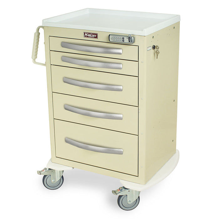 A beige Harloff medical cart sits on wheels; it has five drawers with silver handles, a white top, and a combination lock.