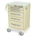 A beige Harloff medical cart sits on wheels; it has five drawers with silver handles, a white top, and a combination lock.