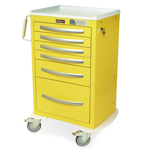 A bright yellow medical cart with multiple drawers sits on four small wheels. It is ready for use in a medical facility.