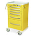 A bright yellow medical cart with multiple drawers sits on four small wheels. It is ready for use in a medical facility.