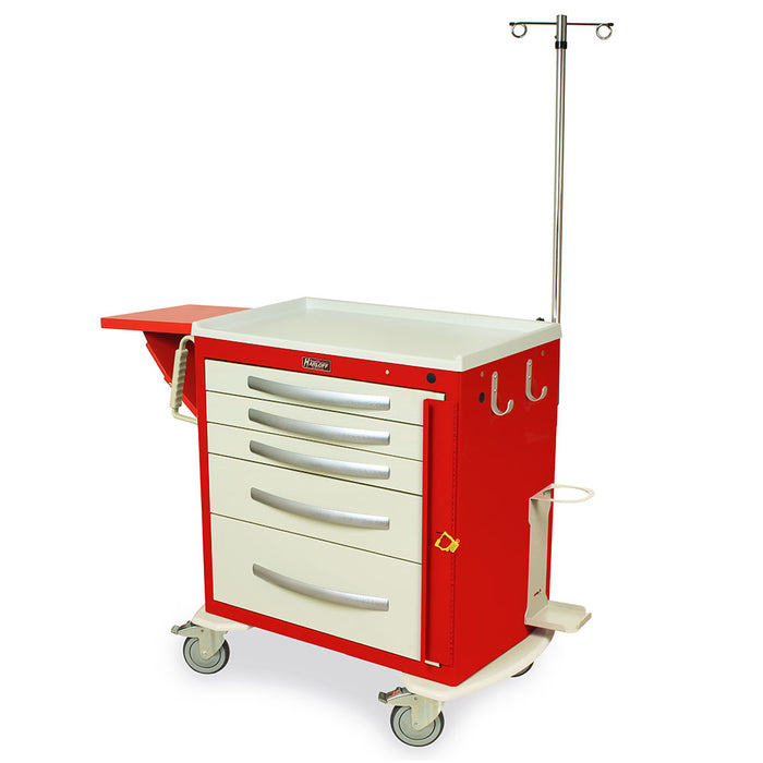 A red and off-white medical cart, with four drawers and an IV pole, sits on wheels in a studio setting.