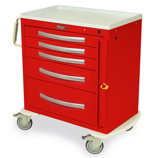 A red medical cart sits on wheels. It features five drawers and a handle. The cart has a white top. HARLOFF is printed on the top.