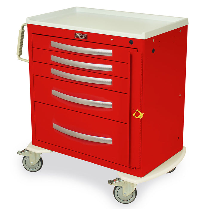 A red medical cart sits on wheels. It features five drawers and a handle. The cart has a white top. HARLOFF is printed on the top.