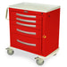 A red medical cart sits on wheels. It features five drawers and a handle. The cart has a white top. HARLOFF is printed on the top.