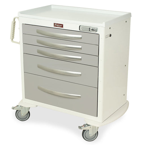 A white medical cart with five drawers sits on four wheels. The drawers are light grey. The cart is likely used for storing and transporting medical supplies.