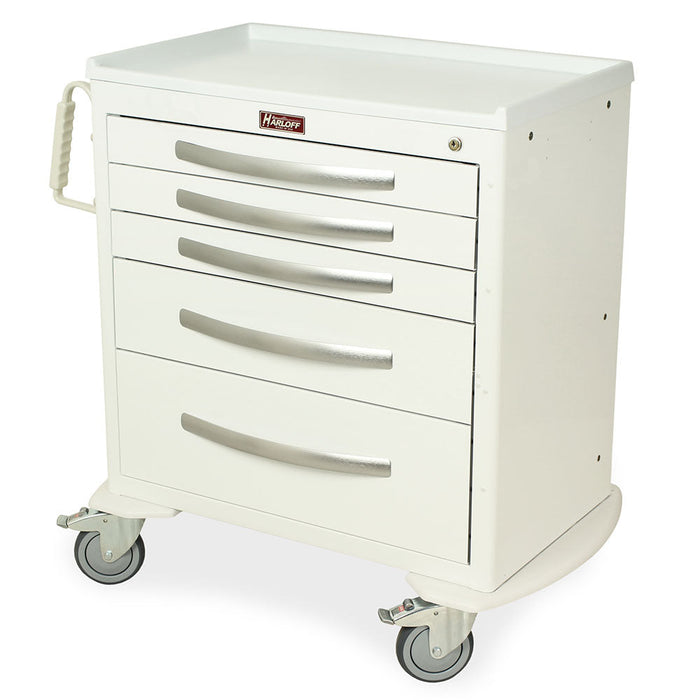 A white medical cart with five drawers sits on four wheels. Harloff is printed on the top.