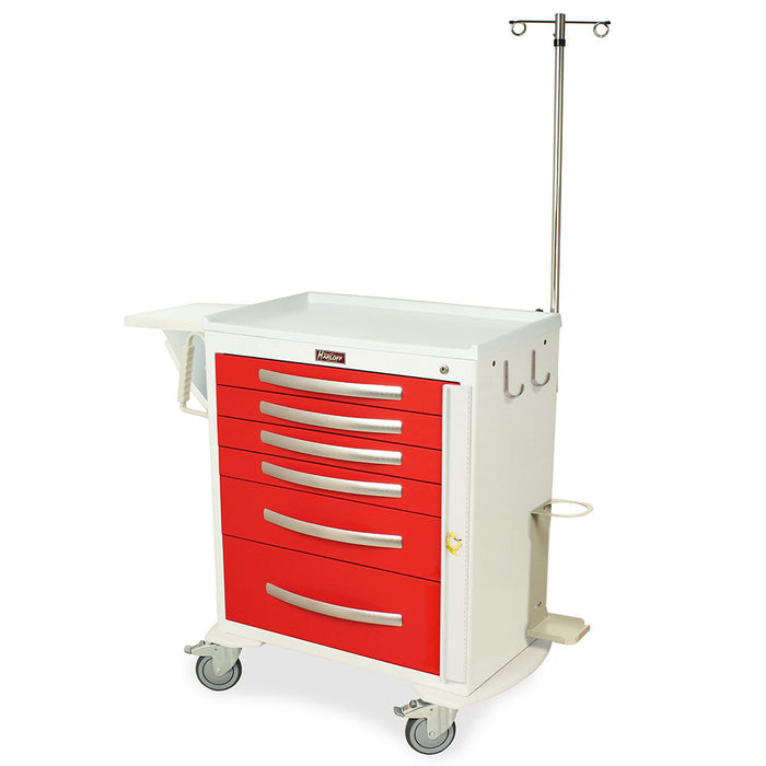 A red and white medical cart with multiple drawers sits on wheels; it stands upright and includes an IV pole.