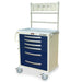 A medical cart, with six drawers and an overhead shelf, sits on wheels in a sterile environment.