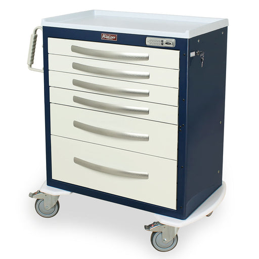 A navy blue and off-white medical cart sits on wheels, featuring six drawers with silver handles, a keyed lock, and a digital keypad. Harloff is printed on the top.