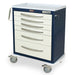 A navy blue and off-white medical cart sits on wheels, featuring six drawers with silver handles, a keyed lock, and a digital keypad. Harloff is printed on the top.