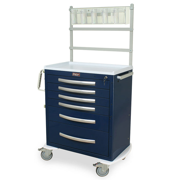 A navy blue, five-drawer rolling cart with a top shelf sits on a white surface. The cart has silver handles and a keyhole. The top shelf holds several clear plastic containers.