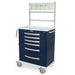 A navy blue, five-drawer rolling cart with a top shelf sits on a white surface. The cart has silver handles and a keyhole. The top shelf holds several clear plastic containers.