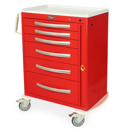 A red, multi-drawer cart sits on wheels. It has a white top and metallic drawer pulls. The brand "Harloff" is visible.