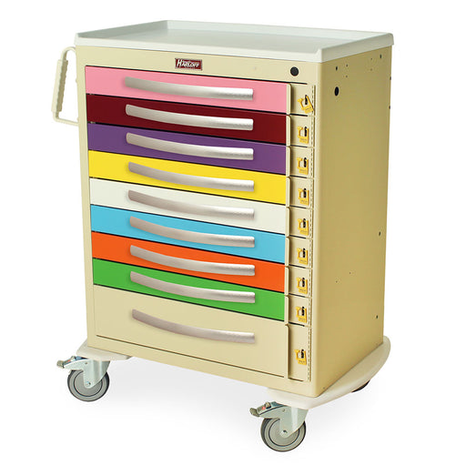 A multi-drawer cabinet sits on four wheels. The drawers are various pastel colors. It is likely for storage and mobility in a medical or clinical setting.