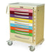 A multi-drawer cabinet sits on four wheels. The drawers are various pastel colors. It is likely for storage and mobility in a medical or clinical setting.