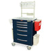A navy blue medical cart with six drawers and an overhead shelf sits on wheels. It has side-mounted containers and features a digital lock. The cart is in a sterile, white environment. "Harloff" is visible on the cart's front.