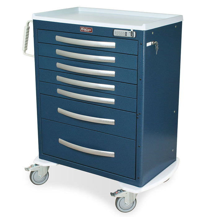 A dark-blue, multi-drawer cart sits on wheels. It features a white top, silver handles, and a combination lock. Harloff is printed on the top.
