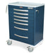 A dark-blue, multi-drawer cart sits on wheels. It features a white top, silver handles, and a combination lock. Harloff is printed on the top.
