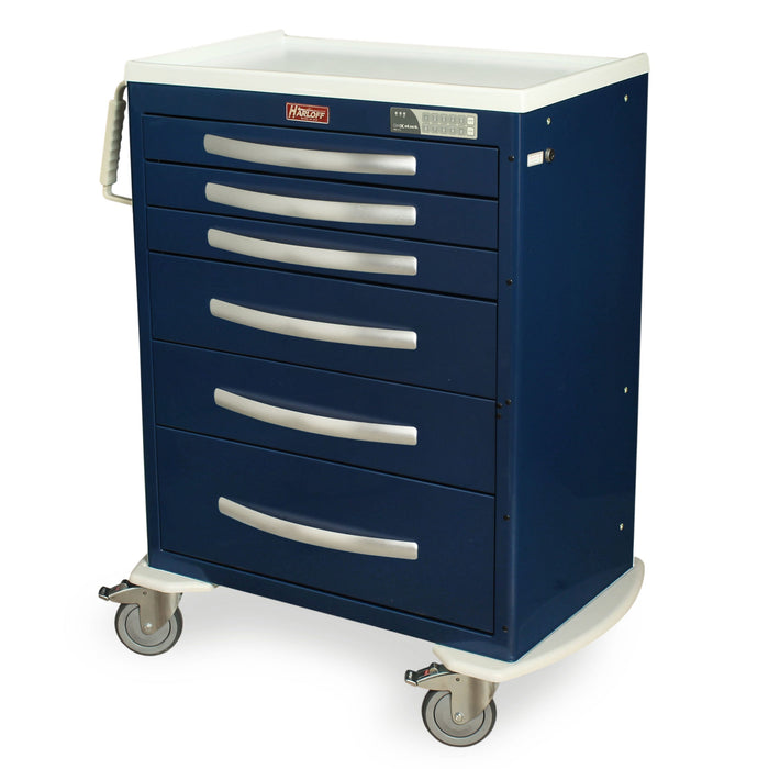 A dark-blue medical cart with six drawers sits on four wheels. It is likely used for storage and transport of medical supplies in a hospital or clinic setting.