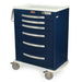 A dark-blue medical cart with six drawers sits on four wheels. It is likely used for storage and transport of medical supplies in a hospital or clinic setting.