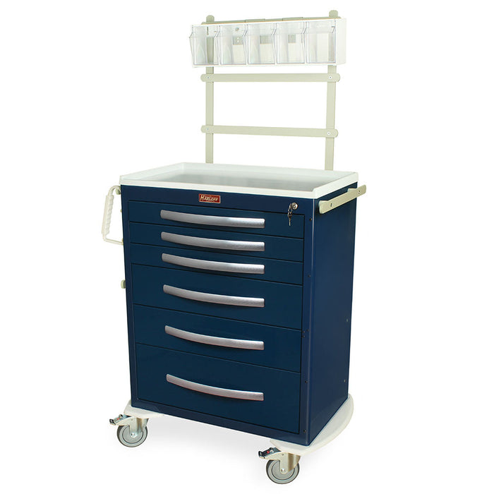 A navy blue, six-drawer rolling cart with an attached shelf sits on a white surface. The cart features a top handle and a small, lockable keyhole. A cream-colored rack with clear plastic containers is mounted above the cart.