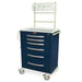 A navy blue, six-drawer rolling cart with an attached shelf sits on a white surface. The cart features a top handle and a small, lockable keyhole. A cream-colored rack with clear plastic containers is mounted above the cart.
