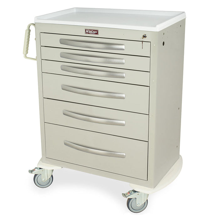 A tan, six-drawer rolling cart sits on a white surface. The cart has a white top, silver handles, and a small keyhole. The word "Harloff" is visible on the top.