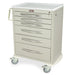 A tan, six-drawer rolling cart sits on a white surface. The cart has a white top, silver handles, and a small keyhole. The word "Harloff" is visible on the top.