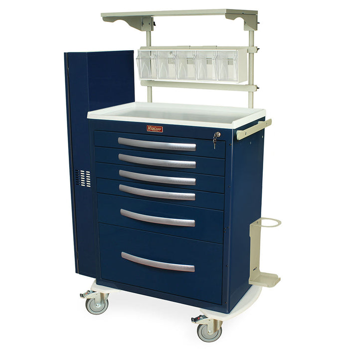 A dark-blue, multi-drawer cart sits on wheels; it has a top shelf with containers and a lock. The brand name "Harloff" is visible.
