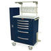A dark-blue, multi-drawer cart sits on wheels; it has a top shelf with containers and a lock. The brand name "Harloff" is visible.