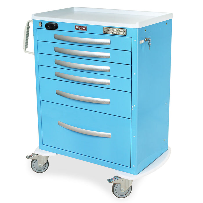 A light-blue metal cart with six drawers and a numeric keypad sits on wheels. The cart features a handle and is equipped with a lock. Harloff is printed on the top.